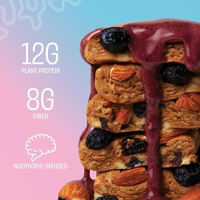 MINDRIGHT Superfood Vegan Protein Bars - Gluten Free Non-Gmo Low Sugar - Plant based protein bars - All Natural Brain Food Healthy Snack To Help Enhance Mood & Energy ((Blueberry Almond,12 Pack)