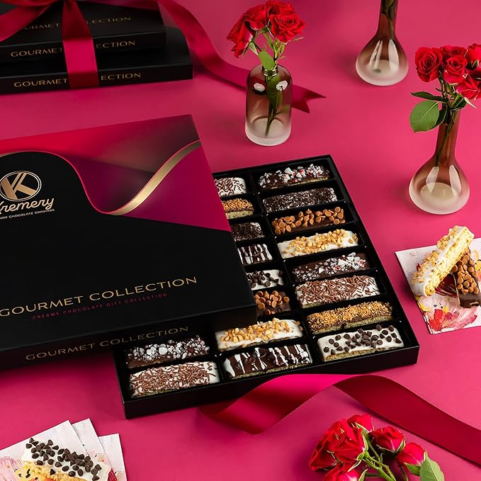 KREMERY Creamy Chocolate Cravings - Diwali Sweets Hamper Chocolate Covered Biscotti Cookies Gift Basket, in Elegant Gift Box (24 Biscotties, Assorted Sweet Toppings)