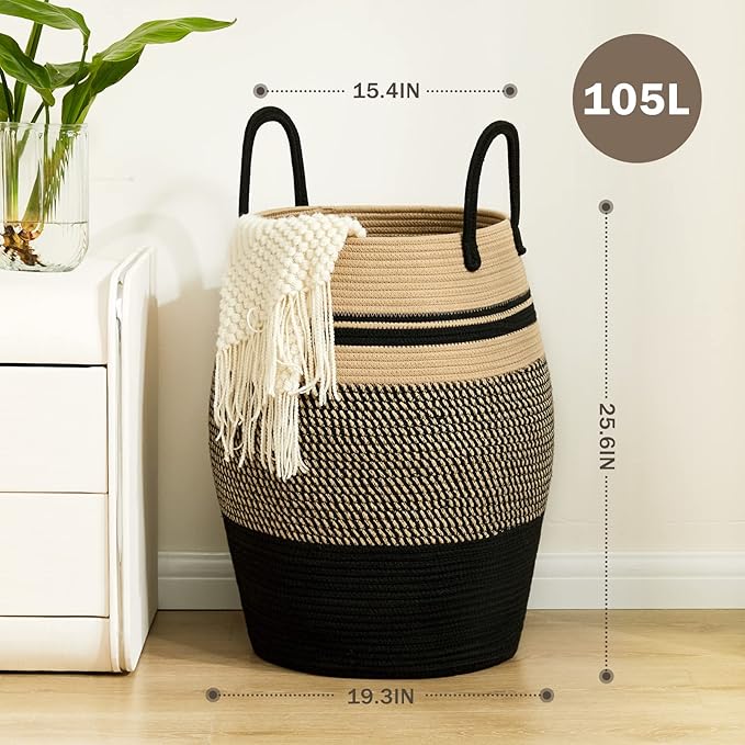 Fiona's magic 105L Extra Large Laundry Hamper Basket, Woven Tall Clothes Hamper for Storage Blanket, Toys and Dirty Cothes in Bedroom and Living Room Organizer, Brown & Black