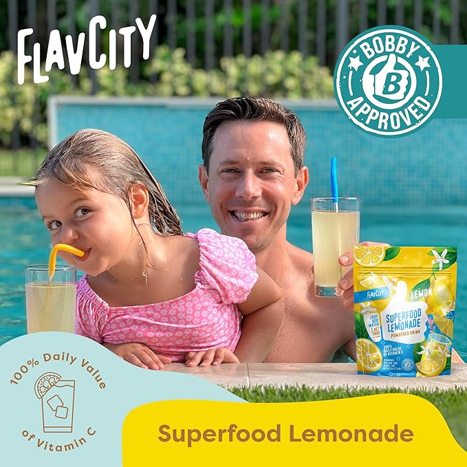 FlavCity Superfood Lemonade Drink Mix - Sugar-Free Lemonade Powder with Real Crystallized Lemon & Organic Acerola - 100% DV Vitamin C - Keto, Gluten-Free, Non-GMO (30 Servings)