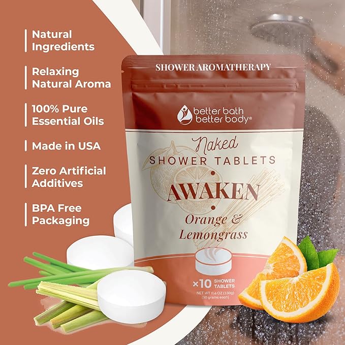 New Awaken Shower Tablets (10 Tabs) Made with Natural Ingredients Scented with Orange and Lemongrass Pure Essential Oils Made in USA