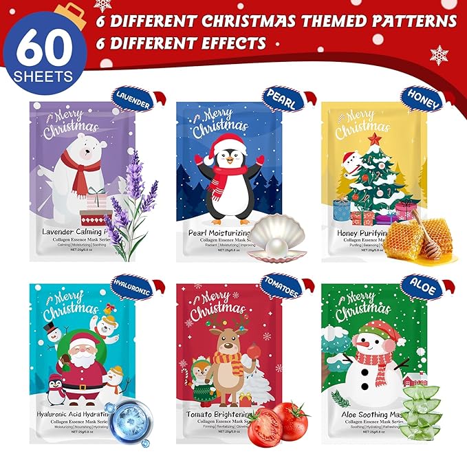 60 Pack Christmas Face Masks Skincare for Christmas Gifts, Bulk Sheet Hydrating & Soothing Facial Masks Set for Skin Care, Stocking Stuffers for Women