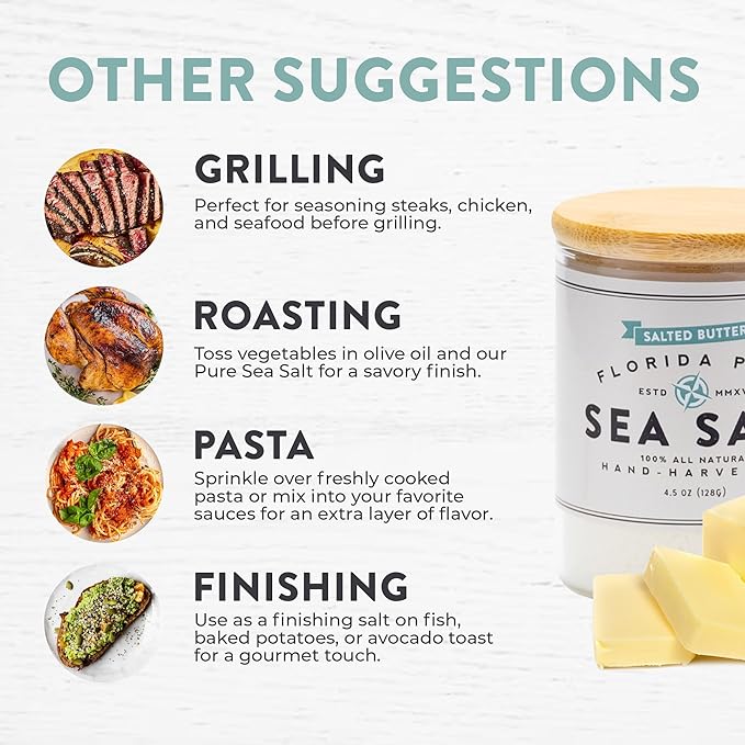 FLORIDA PURE Salted Butter Sea Salt - 80+ Mineral Sea Salt, Natural, Unrefined, Non Iodized - for Baking, Cooking, Seasoning & Enhancing Taste - Hand-harvested Flaky Sea Salt (4.5oz Jar)