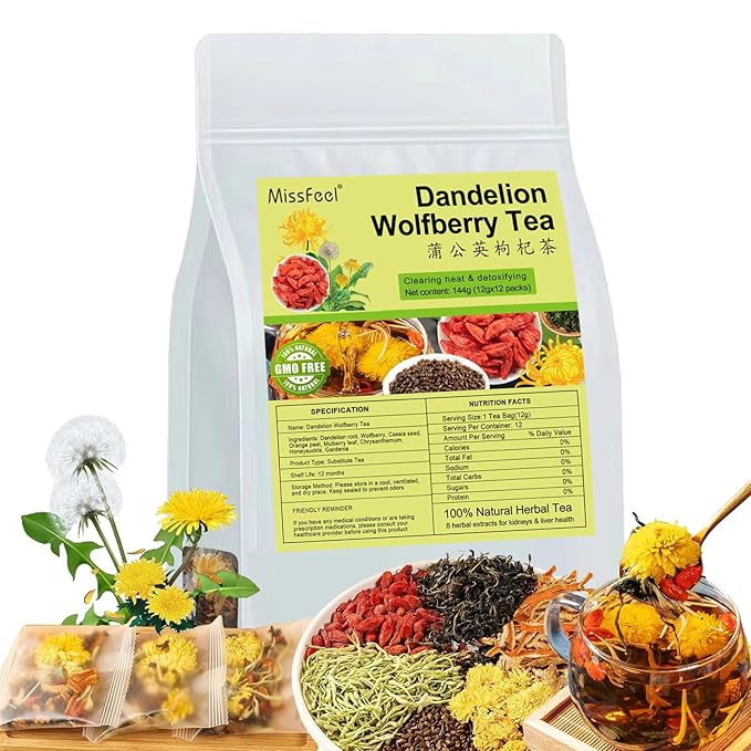 Dandelion Wolfberry Tea, 12 Pcs Natural Kidney & Liver Detox Tea, 8 Chinese Herbal Ingredients Blend, Dandelion Wolfberry Organic, Cassia seed, Chrysanthemum, Honeysuckle (144g,12gx12 packs)