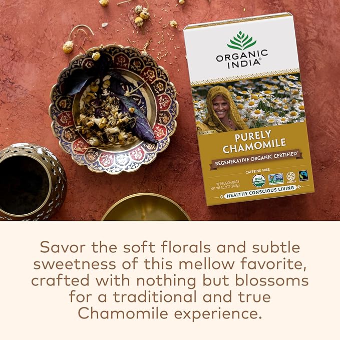 Organic India Purely Chamomile Tea- Regenerative Organic Chamomile Flowers, Caffeine Free, Calming & Relaxing Herbal Tea, Natural Support for Sleep & Relaxation- 18 Tea Bags, Pack of 3