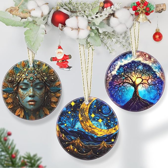 Christmas Ornament - 3.5 Inch Ceramic Hanging Decoration for Tree, Holiday Presents, Gift Exchange - Retro Moon Star