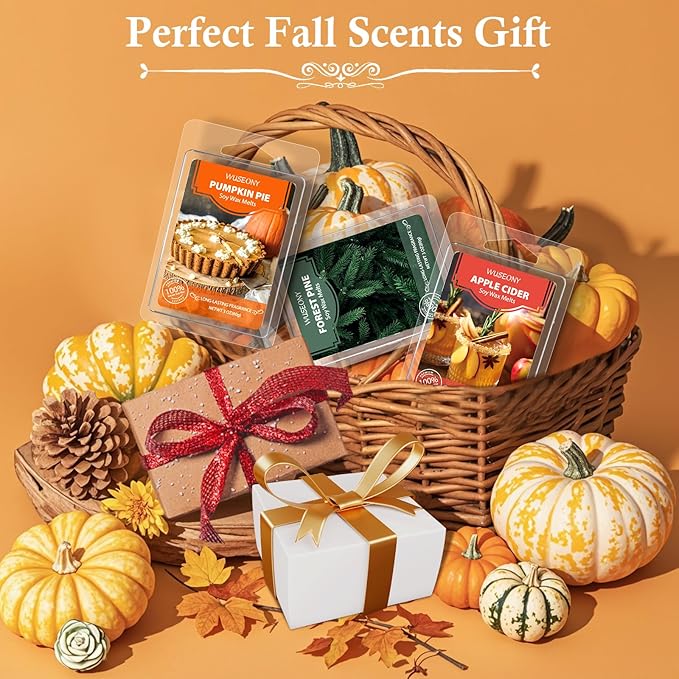 Autumn Scented Wax Melts, Fall Wax Cubes Gift Set, Soy Wax Tarts for Warmer - Pumpkin Pie, Apple Cider, Cinnamon, Autumn Wreath, Forest Pine, Snickerdoodle, Caramel Corn, Vanilla, 8 Pack
