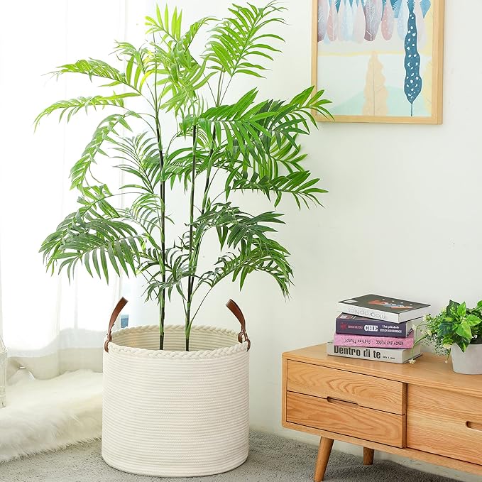 KAKAMAY Large Blanket Basket (18"x16"),Woven Baby Laundry Hamper,Cotton Rope Blanket Basket for Nursery, Laundry, Living Room, Pillows, Baby Toy chest with Leather Handles (White)