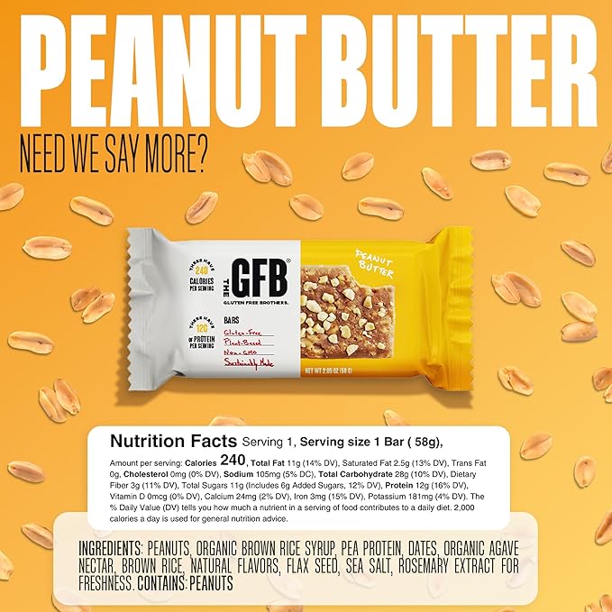 The GFB Peanut Butter Protein Bars - Gluten Free, Plant Based, Non GMO, Sustainably Made – Ridiculously Tasty, Healthy, Vegan, Nutrition Snack Protein Bars, 2.05 oz (12 Count)