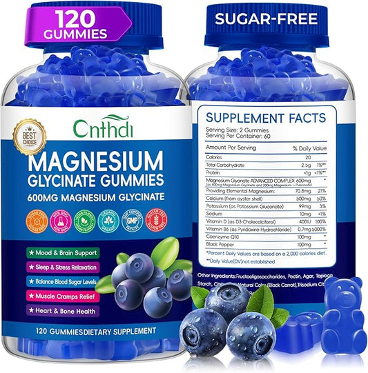 Magnesium Glycinate Gummies 600mg, Sugar Free Chewable Magnesium Gummies for Adults & Kids Relaxation, Stress Relief, Night Rest, No Melatonin, Gluten Free, Non GMO, Vegan, Pectin, 120 Count