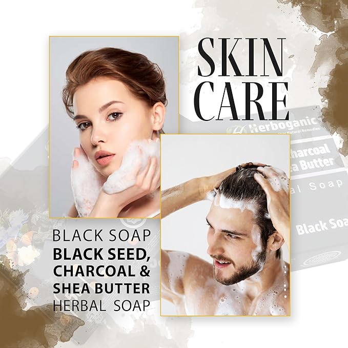 HERBOGANIC Black seed Charcoal and Shea butter Herbal Soap | Pack of 6 of 5oz soap Bar | Ideal for Men and Women, Soothing and Nourishing Soap for Moisturization