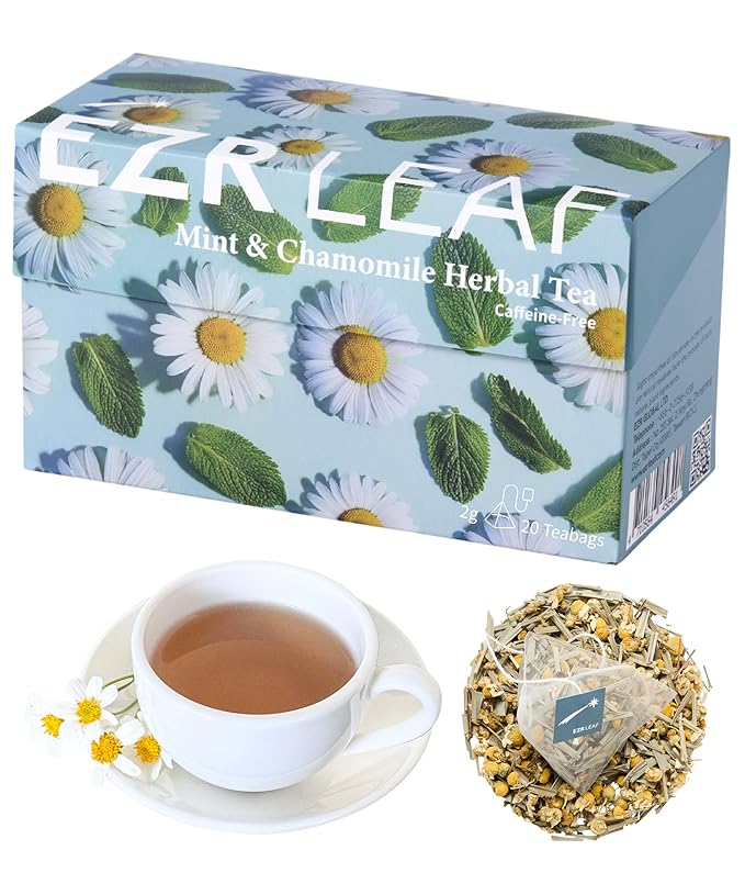 EZR Leaf Mint & Chamomile Herbal Tea 20 Pyramid Tea Bags 1.4 Once with Lemongrass Mint Leaves Caffeine Free Decaf Blend Natural Relaxing,Wellness Gift-Ready