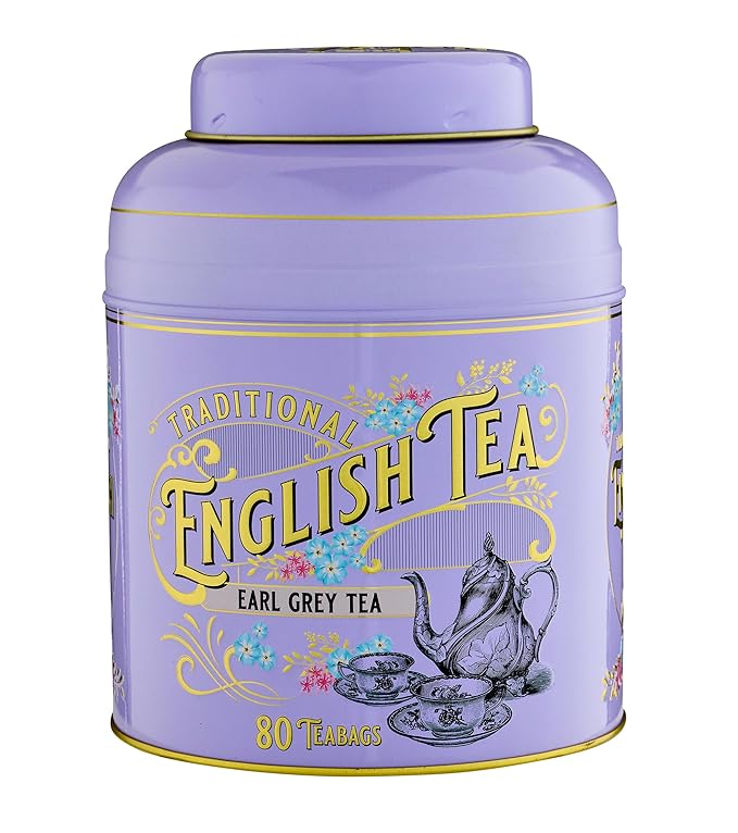 New English Teas VIntage Victorian Tea Caddy with 80 Earl Grey Teabags – Lilac – Forget Me Not Florals & Classic Tea Set Design