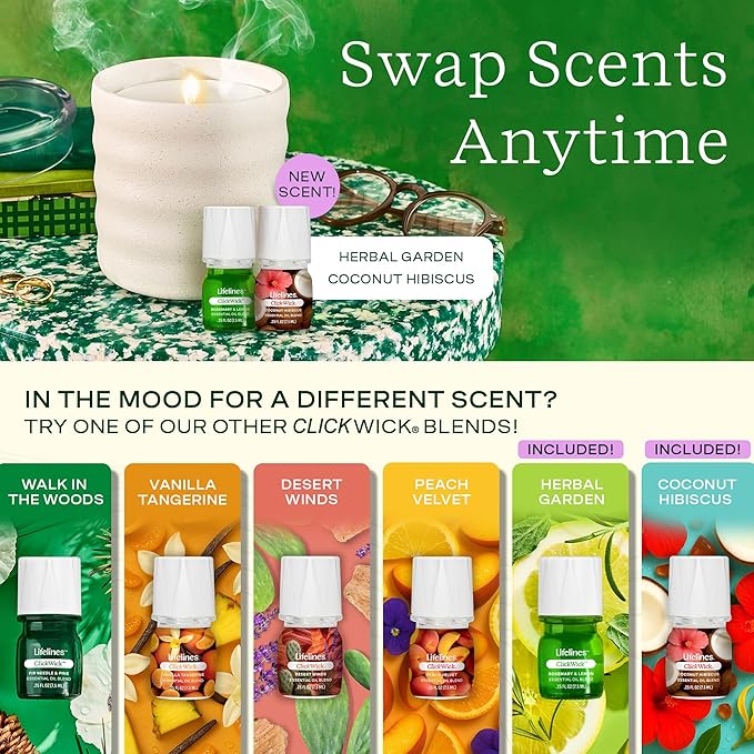 Lifelines Flameless Candle Aromatherapy Essential Oil Diffuser with 2 ClickWick Essential Oil Blends - Cordless & Waterless Diffuser for Home - Scented Electric Candles Blow Out Flame - Cream Bubble