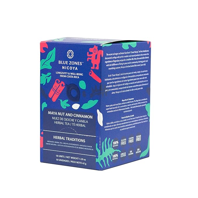 Blue Zones Nicoya - Maya Nut & Cinnamon Flavored Tea Bags - 100% Natural, Organic, and Refreshing - High Micronutrients - Gluten, Caffeine, Sugar-Free - Pack of 18 (1.59 oz/ 45 g)