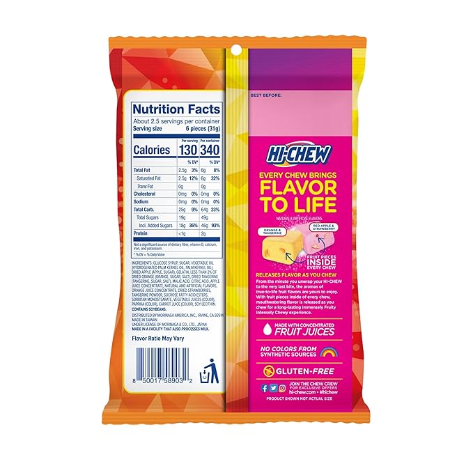 HI-CHEW Plus Fruit Mix, 6 Bags, 2.82oz each - Orange Tangerine Red Apple Strawberry, Unique Fun Soft & Chewy Halloween Candy - Immensely Juicy Fruity Candy Flavors, Individually Wrapped for Sharing