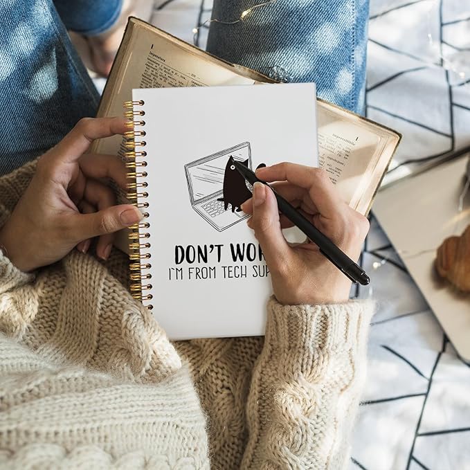 Funny Office Notebooks, Funny Cat Notebook Journal, Cat Office Supplies Notebooks for School, Gifts for Cat Lovers, Don't Worry I'm From Tech Support Hardcover Spiral Notebook 5.5x8.3