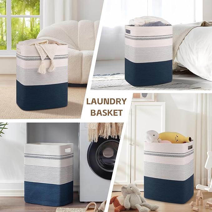 Laundry Hamper, Large Woven Rope Tall Laundry Basket with Handles, 22" X 17" X 13", Decorative Storage Basket for Clothes and Blankets in Living room, Bedroom, Dark Blue& White
