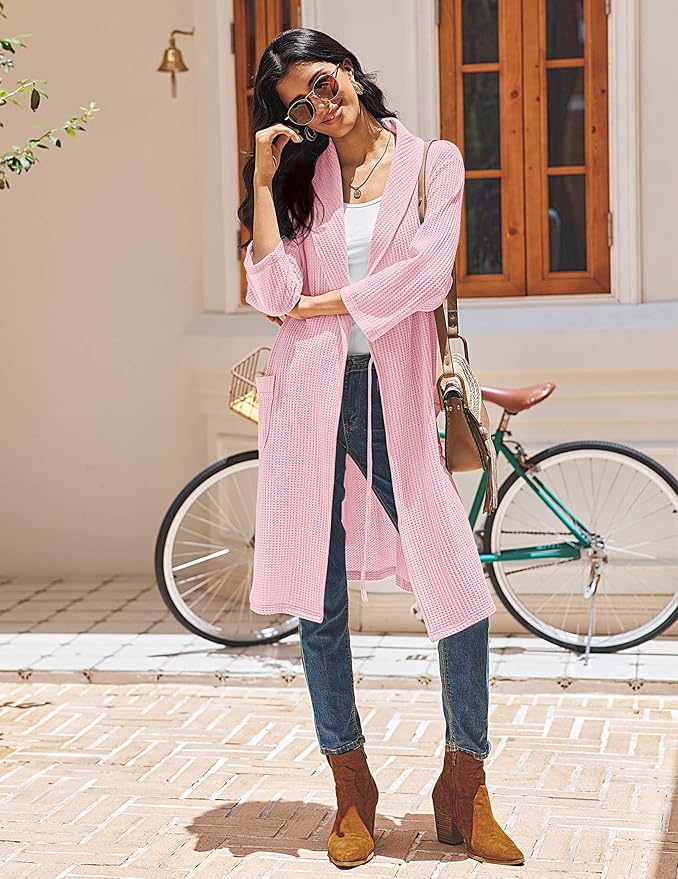 Ekouaer Robes for Women Waffle Knit Bathrobe Lightweight Kimono Robe Knee Length Loungewear with Pockets