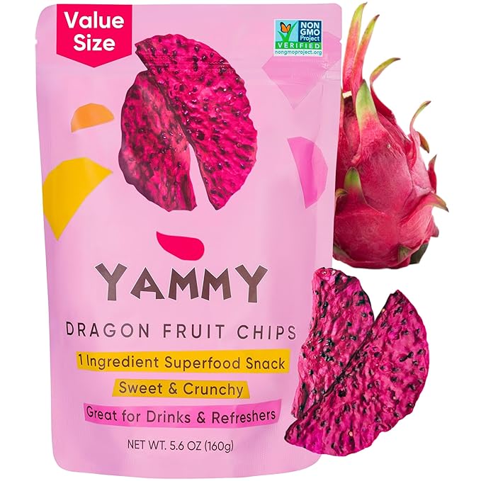 Yammy Dried Dragon Fruit Chips for Drinks Refreshers - Like Freeze Dry Dragonfruit Pieces - 1 Ingredient Healthy Snack for Adults & Kids - 2g Protein, 4g Fiber, Gluten Free Vegan, 5.6oz Value Size