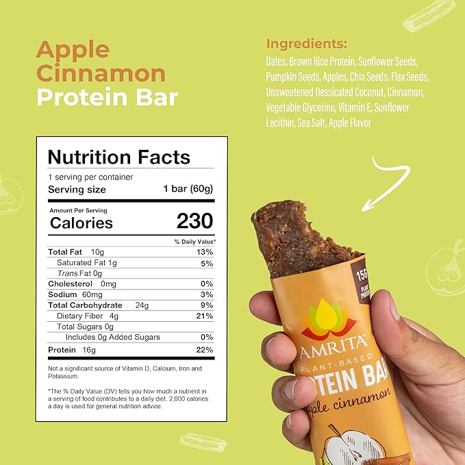 Amrita Nut Free Apple Cinnamon Vegan Protein Bars (12 Count PK of 3) | 11g Plant-Based Protein Bar | Peanut Free, Gluten Free, and Dairy Free | Low Sugar, High Fiber, Healthy School-Safe Snacks