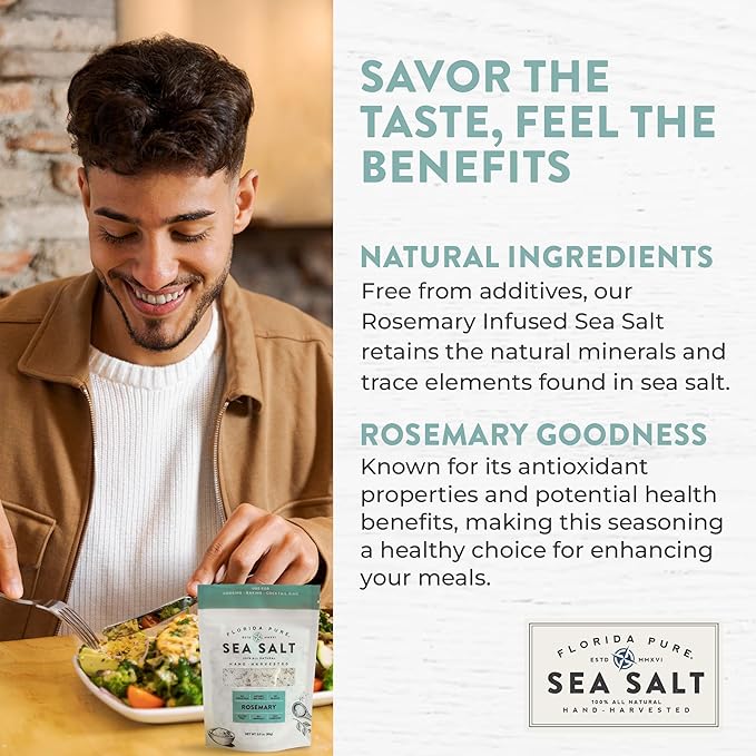 FLORIDA PURE Rosemary Sea Salt - 80+ Mineral Sea Salt, Natural, Unrefined, Non Iodized - for Baking, Cooking, Seasoning & Enhancing Taste - Hand-harvested Flaky Sea Salt (3 oz. Pouch)