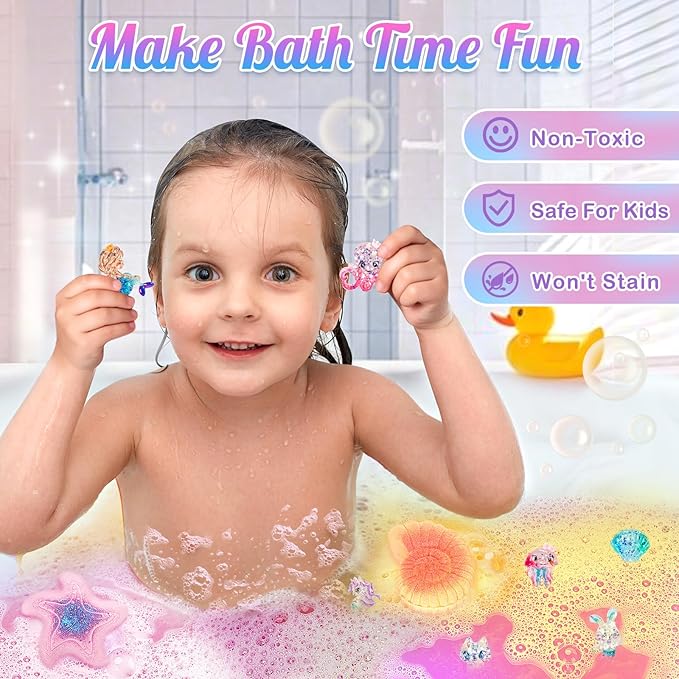 Mermaid Bath Bombs for Kids with Surprise Toys Inside, 8 Pcs Organic Natural Bubble Bath Bombs for Girls,Christmas Birthday Gift for 3 4 5 6 7 8 Year Old Girl,Princess Bath Bomb Kit with Mermaid Toys