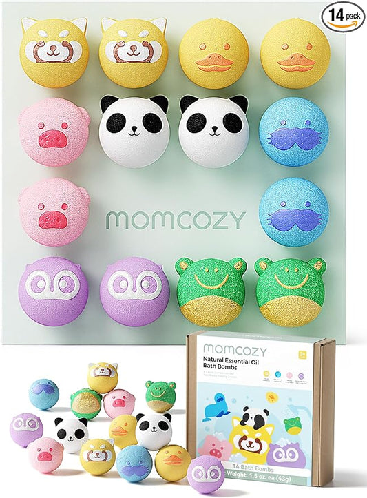 Momcozy Essential Oil Bath Bombs,14 Pcs Bubble Bath Fizzy Balls with 7 Cute Animal Shapes,Bath Bombs Gift Set for Kids Girls Boys Toddler, Ideal Gift for Children's Day, Bath Bomb Kit