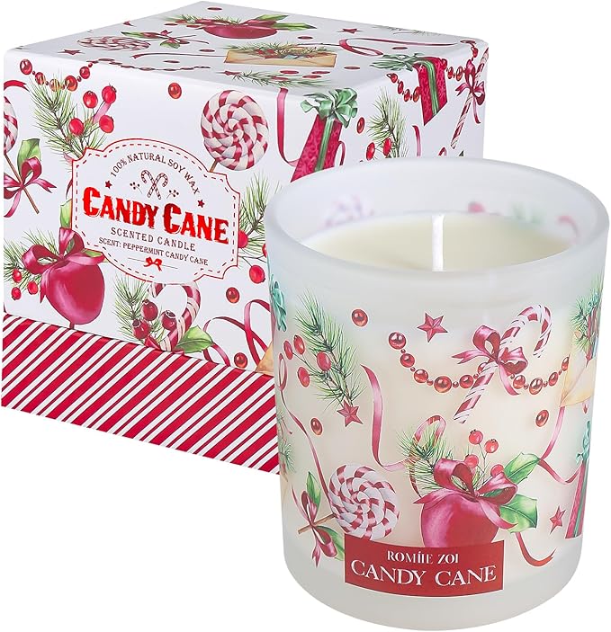 ROMIIE ZOI Christmas Scented Jar Candle - 6oz Soy Wax Candle - Candy Cane Infused with Peppermint Candy Cane Aroma - with Beautiful Keepsake Box Special for Holiday Gifts
