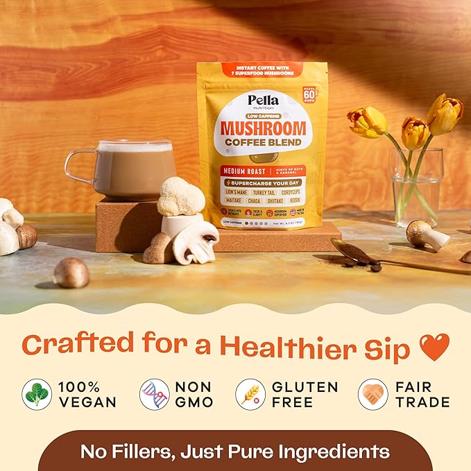 Low-Caffeine Mushroom Coffee (60 Servings) with 7 Superfood Mushrooms, Great Tasting Instant Coffee, Includes Lion's Mane, Reishi, Chaga, Cordyceps, Shiitake, Maitake, and Turkey Tail