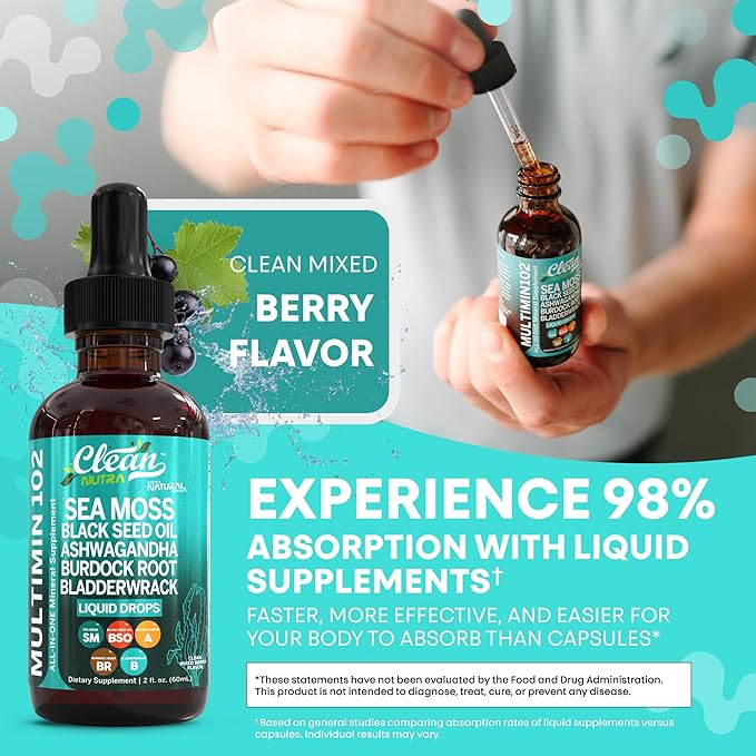 Clean Nutraceuticals Sea Moss Drops Supplement Liquid with Black Seed Oil Ashwagandha Burdock Root & Bladderwrack - Multimineral Organic Non-GMO Vegan for Gut Heath Skin Immune Support Hair (2)
