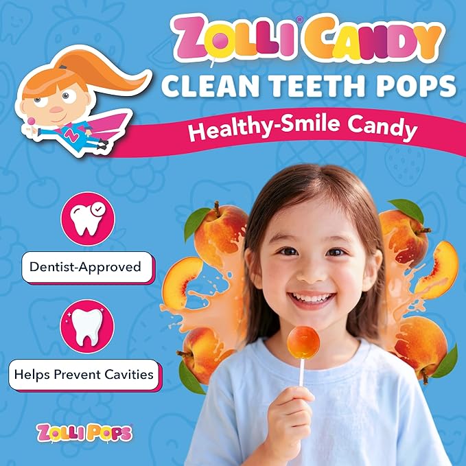 Zollipops Clean Teeth Pops Sugar Free Candy with Xylitol, Dye-Free Lollipops - Keto & Diabetic-Friendly, Dentist-Approved Treats for Kids (Peach, 3.1 oz)