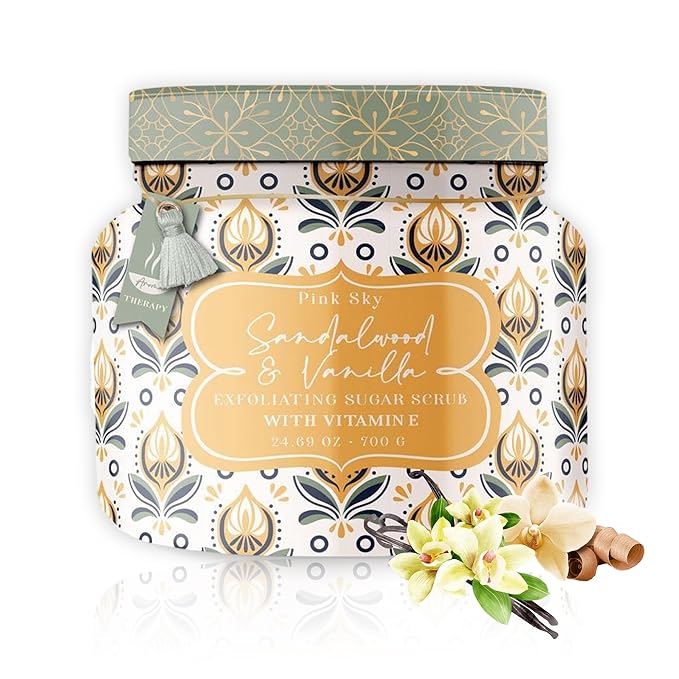 Pink Sky Exfoliating Body Scrub - Ultra Gentle Sugar Scrub for Smooth Skin - Premium Body Scrubs for Radiant, Soft Skin - Ideal Exfoliator for All Skin Types - 700g (Sandalwood & Vanilla, 24.69 Oz)