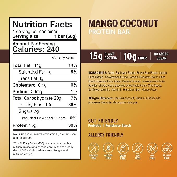 Amrita Nut Free Mango Coconut Vegan Protein Bars (12 Count) | 11g Plant-Based Protein Bar | Peanut Free, Gluten Free, and Dairy Free | Low Sugar, High Fiber, Healthy School-Safe Snacks