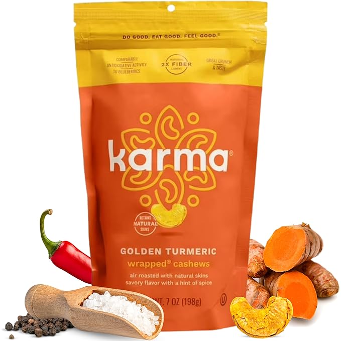 Golden Turmeric Wrapped Whole Cashews by Karma Nuts, Air Roasted with Natural Skins, 2X more Fiber, Whole 30, Peanut-Free Facility, Kosher, Everyday Nut Snack, 7oz Resealable Bag