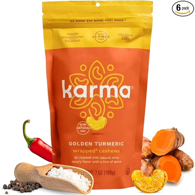 Golden Turmeric Wrapped Whole Cashews by Karma Nuts, Air Roasted with Natural Skins, 2X more Fiber, Whole 30, Peanut-Free Facility, Kosher, Everyday Nut Snack, 7oz Resealable Bag - 6 pack