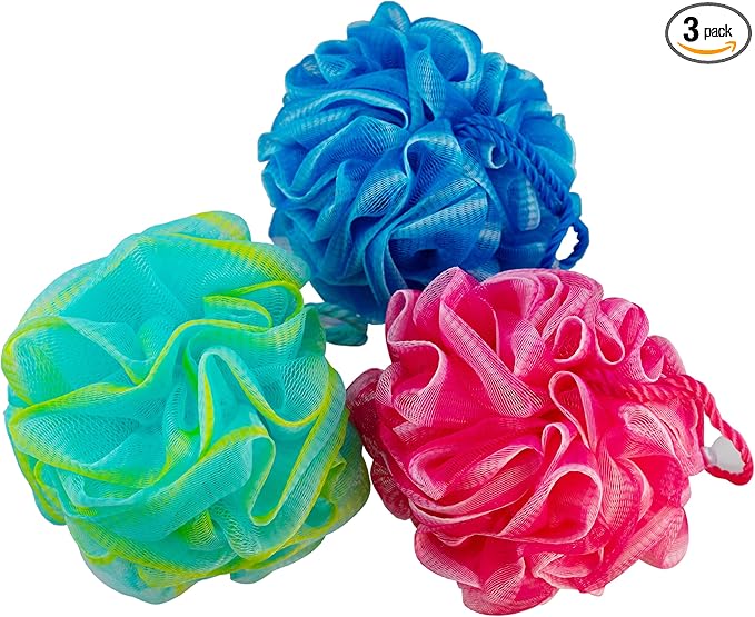 Bath Loofah Set, 3 Pack Shower Pouf Body Sponges with Suction Cups, Exfoliating Bath Accessories for Men and Women, Multicolor