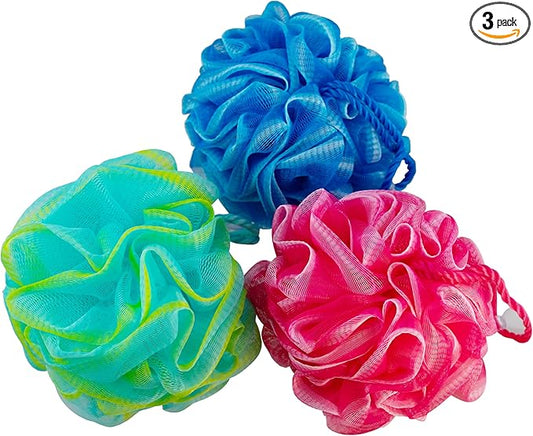 Bath Loofah Set, 3 Pack Shower Pouf Body Sponges with Suction Cups, Exfoliating Bath Accessories for Men and Women, Multicolor