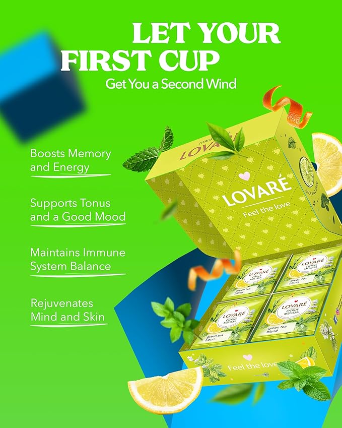 LOVARE Citrus Melissa Tea Bags 48 g - Made in Ukraine - Green Tea, Mint, Melissa, Lemongrass, Orange Peel - Tea Bags Individually Wrapped - Gift Box Sets for Tea Lovers (32 Tea Bags x 1.5 g Each)