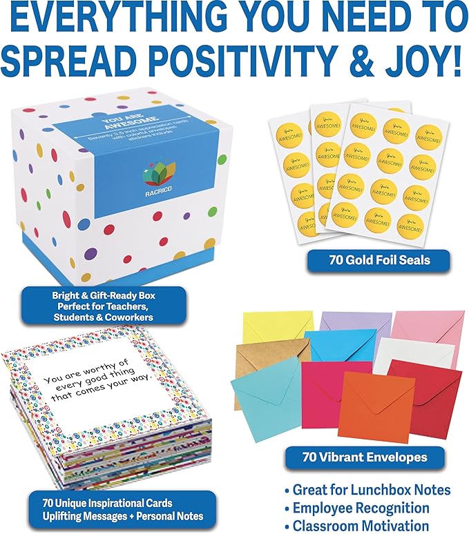 70 Inspirational Cards with Envelopes & Stickers – 3.5x3.5 Positive Affirmation Notes in Gift Box – Encouragement, Gratitude, Motivation.