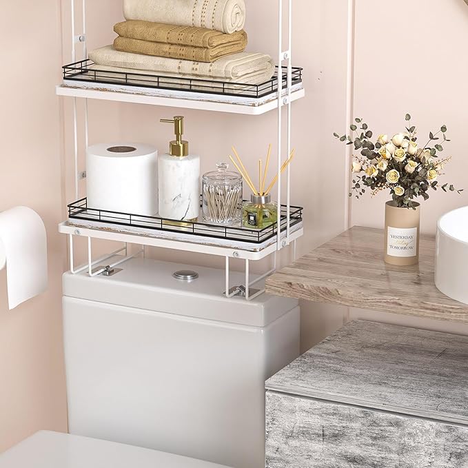 Bathroom Toilet Tank Tray, 13" Wood Toilet Paper Storage Basket Tray Back of Toilet Basket Organizer,Vanity Tray for Perfume Makeup Candle Decor, Black & Farmhouse White