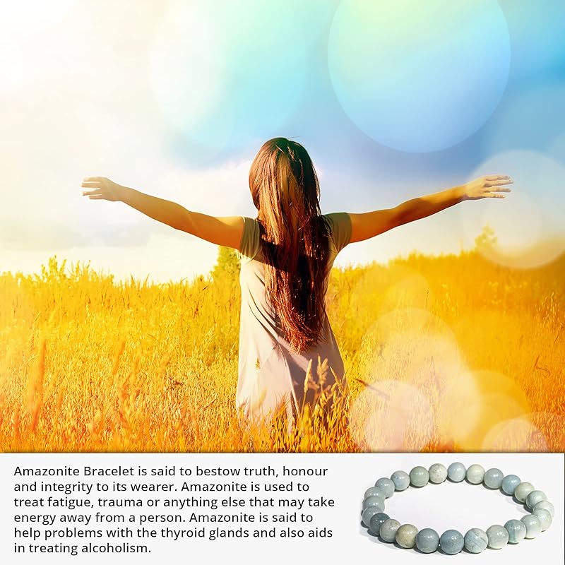 Amazonite Crystal Bracelet – Protection Healing Crystal Bracelet for Women and Men – 8mm Round Beaded Bracelet for Emotional Balance – Adjustable Size Gemstone Bracelet for Attract Good Luck