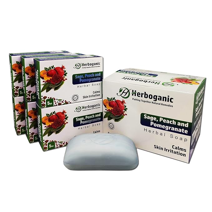 HERBOGANIC Sage Peach and Pomegranate Herbal Soap | Pack of 6 of 5oz soap Bar | Ideal for Men and Women, Soothing and Nourishing Soap for Moisturization