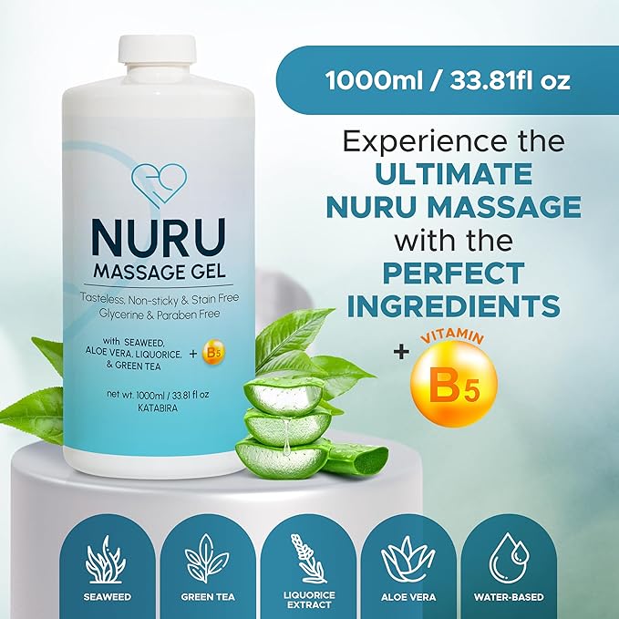 Nuru Massage Gel (33.81 fl oz) | Water-Based | Paraben & Glycerine Free | Formulated with Natural Seaweed, Green Tea, Liquorice Extract, Vitamin B5, & Organic Aloe Vera