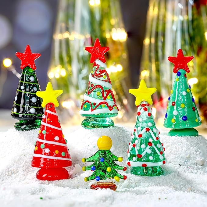 6 Pcs Mini Christmas Tree Glass Gifts Set Ornaments Small Glass Christmas Tree Gifts Holiday Dollhouse Miniature Winter Figurines for Crafts DIY Holiday Xmas Party(Regular,2.36 Inch)
