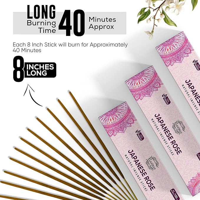 Raajsee Japanese Rose Incense Sticks (180 gm), 100% Pure Organic Natural Hand Rolled Free from Chemicals- Perfect for Aromatherapy, Cleansing, Meditation, and Church (Pack of 12)