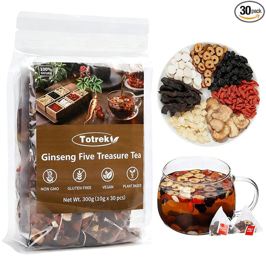 Ginseng Five Treasure Tea, Herbal Tea 10g X 30 Bags, Made with 7 Precious Ingredients Formula, Natural Chinese Teas for Men Women