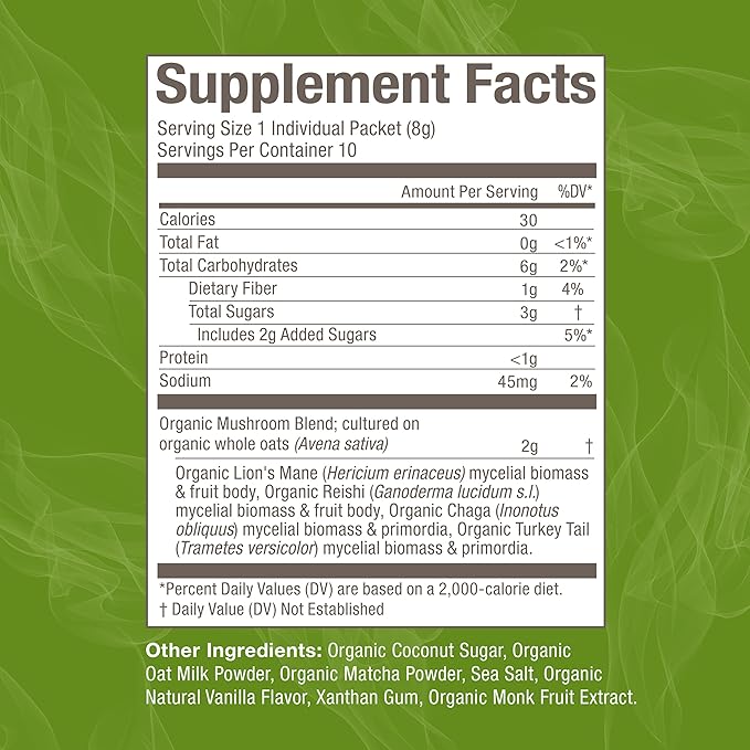 OM MUSHROOM SUPERFOOD Matcha Latte Blend Mushroom Powder, Single Serve, 10 Count, Green Tea, Lion's Mane, Reishi, Chaga, Turkey Tail, Focus & Stress Support Supplement