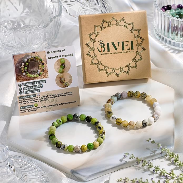 Bivei Natural Gemstone Semi Precious Healing Crystals Handmade Stretchy Round Beads Bracelet, Enhance Positive Energy