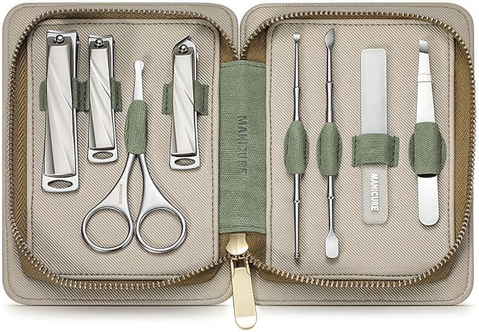 8-Piece Manicure Pedicure Set-Stainless Steel Nail Clippers Toenail Fingernail Cutters with Travel Case Complete Grooming Kit (Green)
